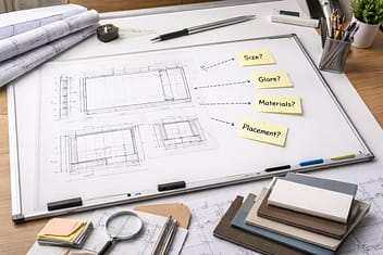 Planning and specifying institutional whiteboard systems Blueprint and material samples laid over a whiteboard during planning of a wall-mounted writing surface